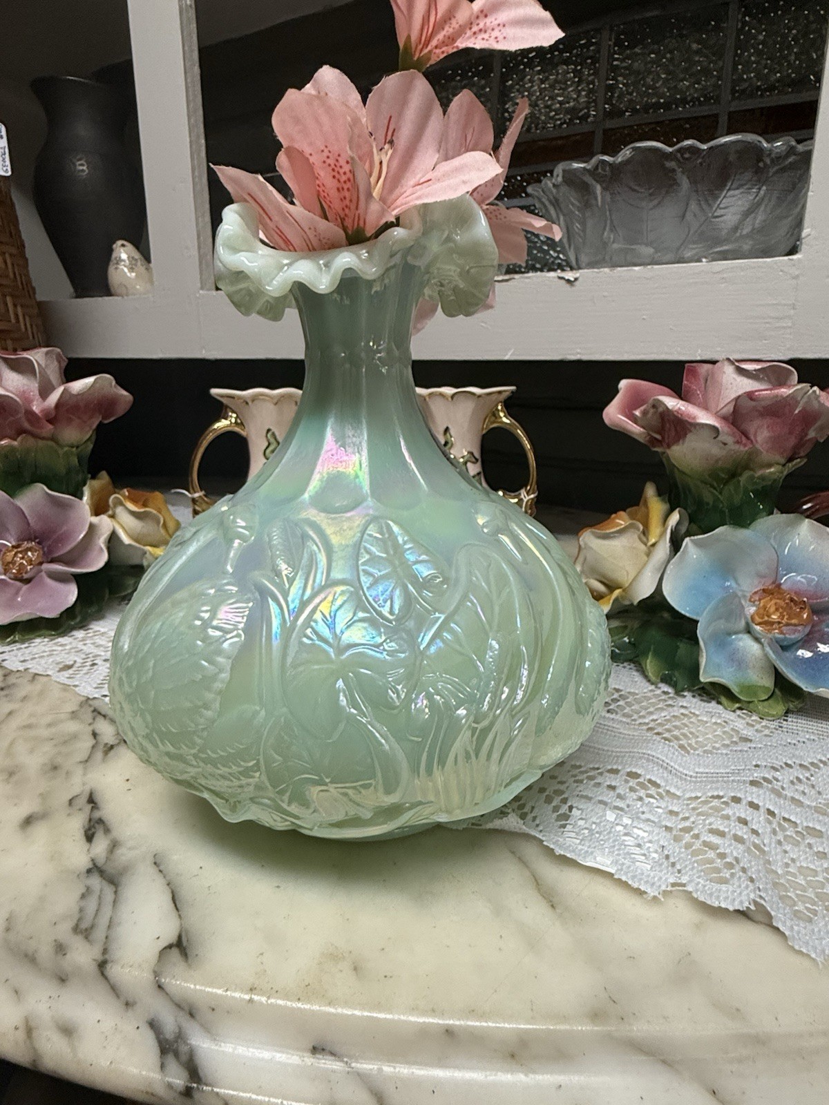Vintage Fenton Art Glass Sea Green Satin Iridescent Swan Vase Vintage Fenton Art Glass Sea Green Satin Iridescent Swan Vase