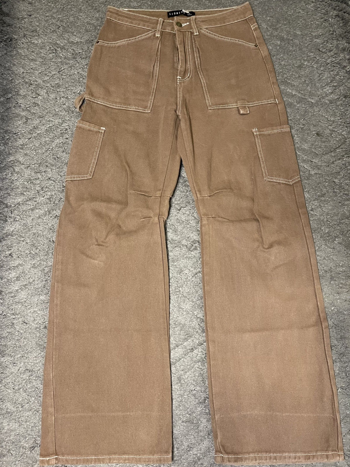 Lioness Miami Vice Cargo Pants-Brown Tan White Contrast Stitch-Wide Leg-Size Sm