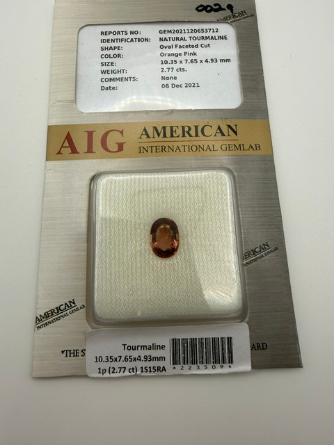 AIG Certified Natural Tourmaline 2.77ct Oval VVS Pink‑Brown / Orange‑Pink Estate