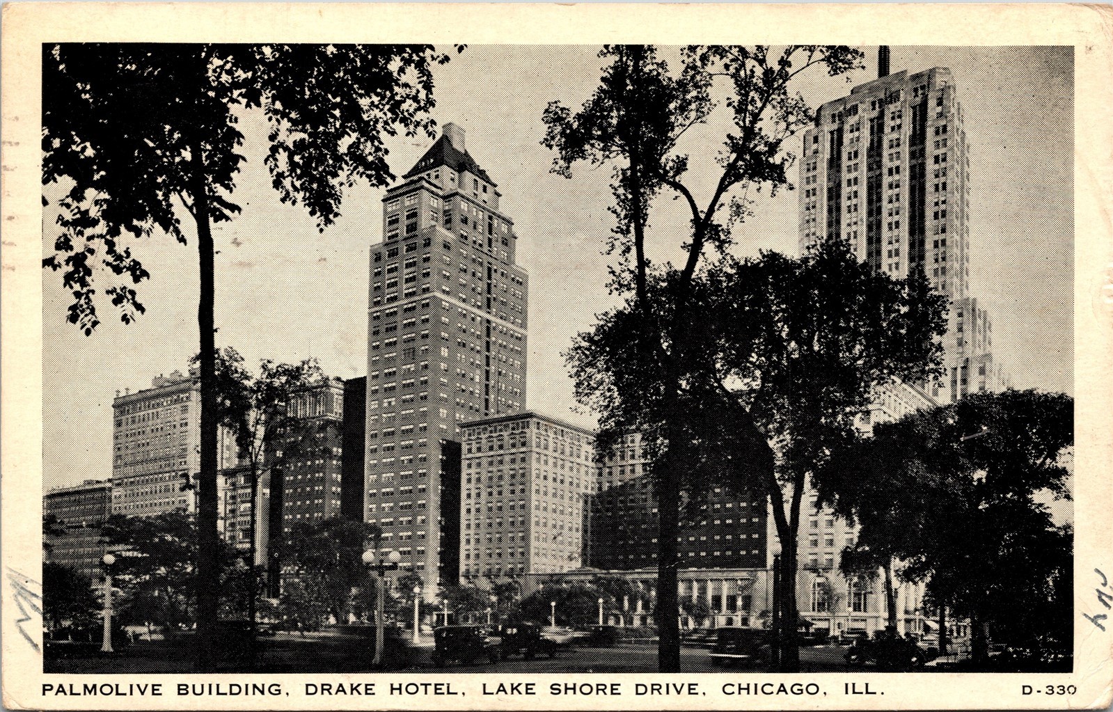 Palmolive Building Drake Hotel Lake Shore Drive Chicago IL c1936 Postcard