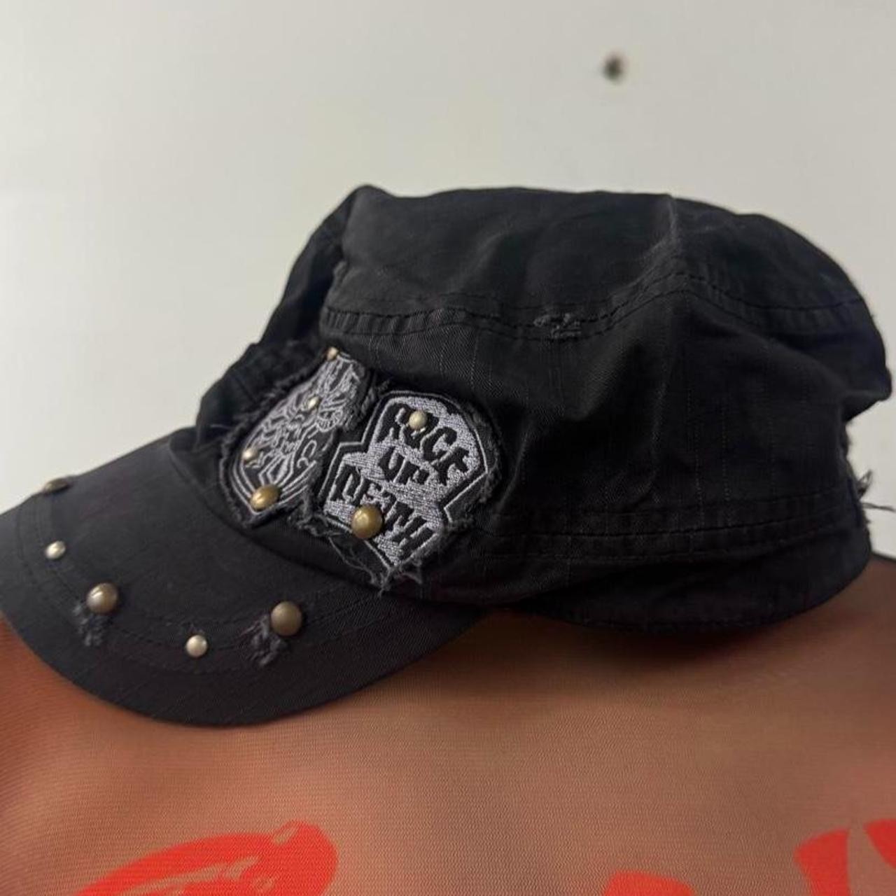 Y2K Black Distressed Studded Military Cadet Cap | Gothic Grunge Punk One Size Y2K Black Distressed Studded Military Cadet Cap | Gothic Grunge Punk One Size