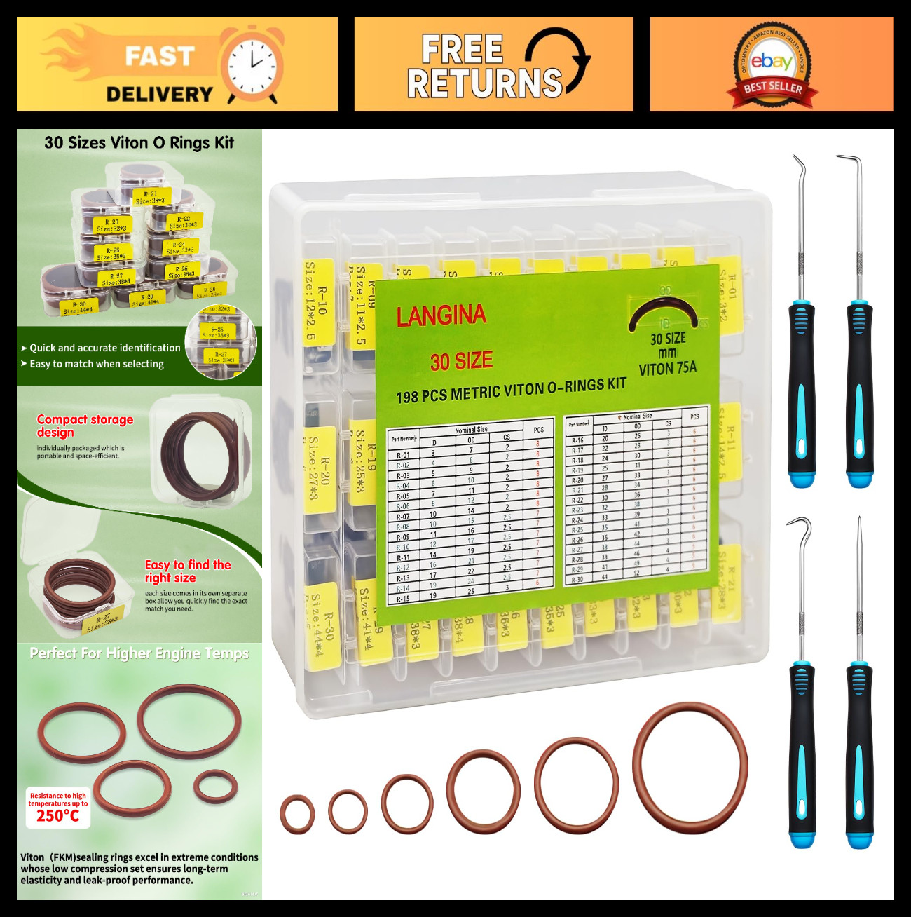 198PCS Viton O Ring Kit - 30 Sizes, 75A Shore, High Temp & Corrosion Resistant S