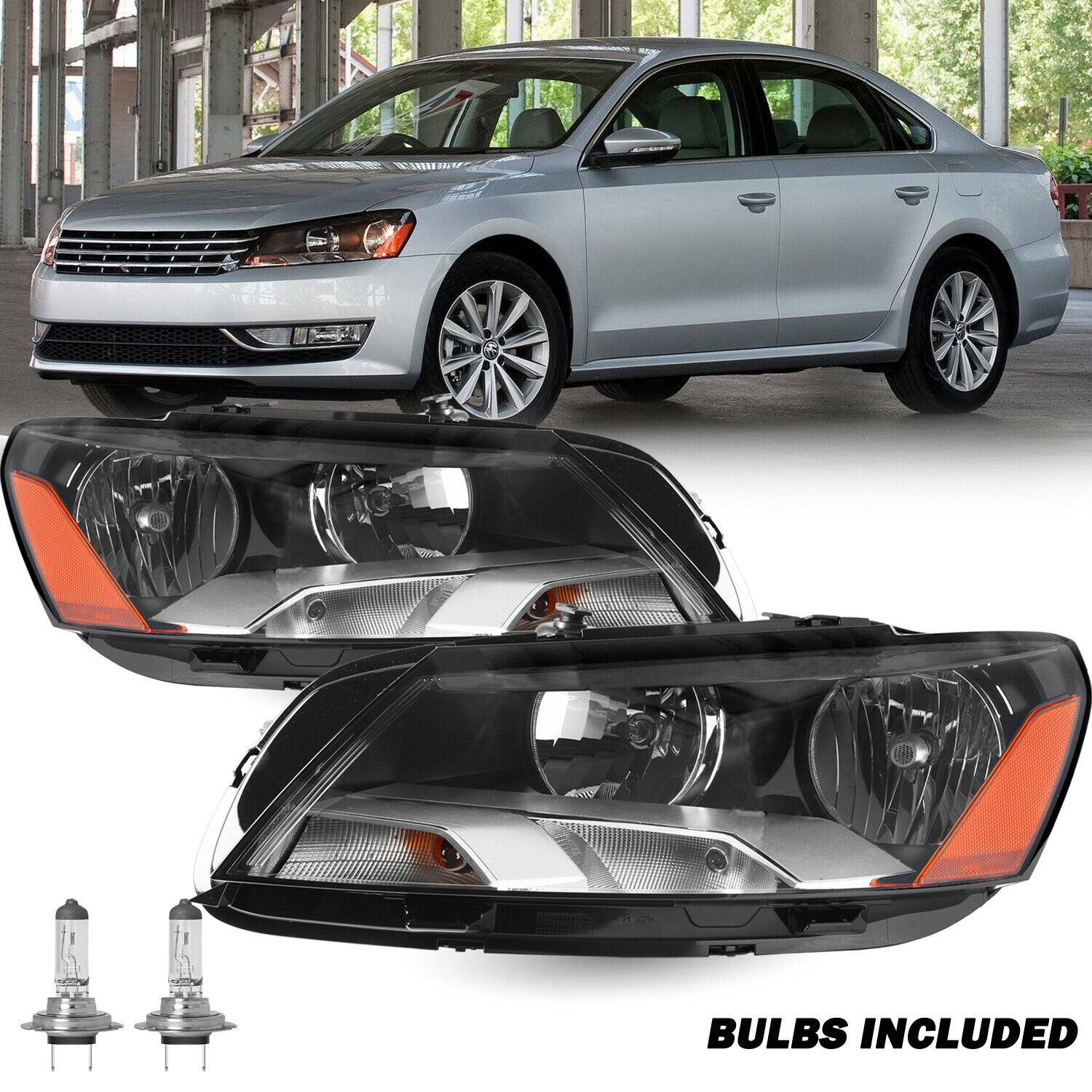 Halogen Headlights Assembly Pair For 2012 2013 2014 2015 Volkswagen Passat
