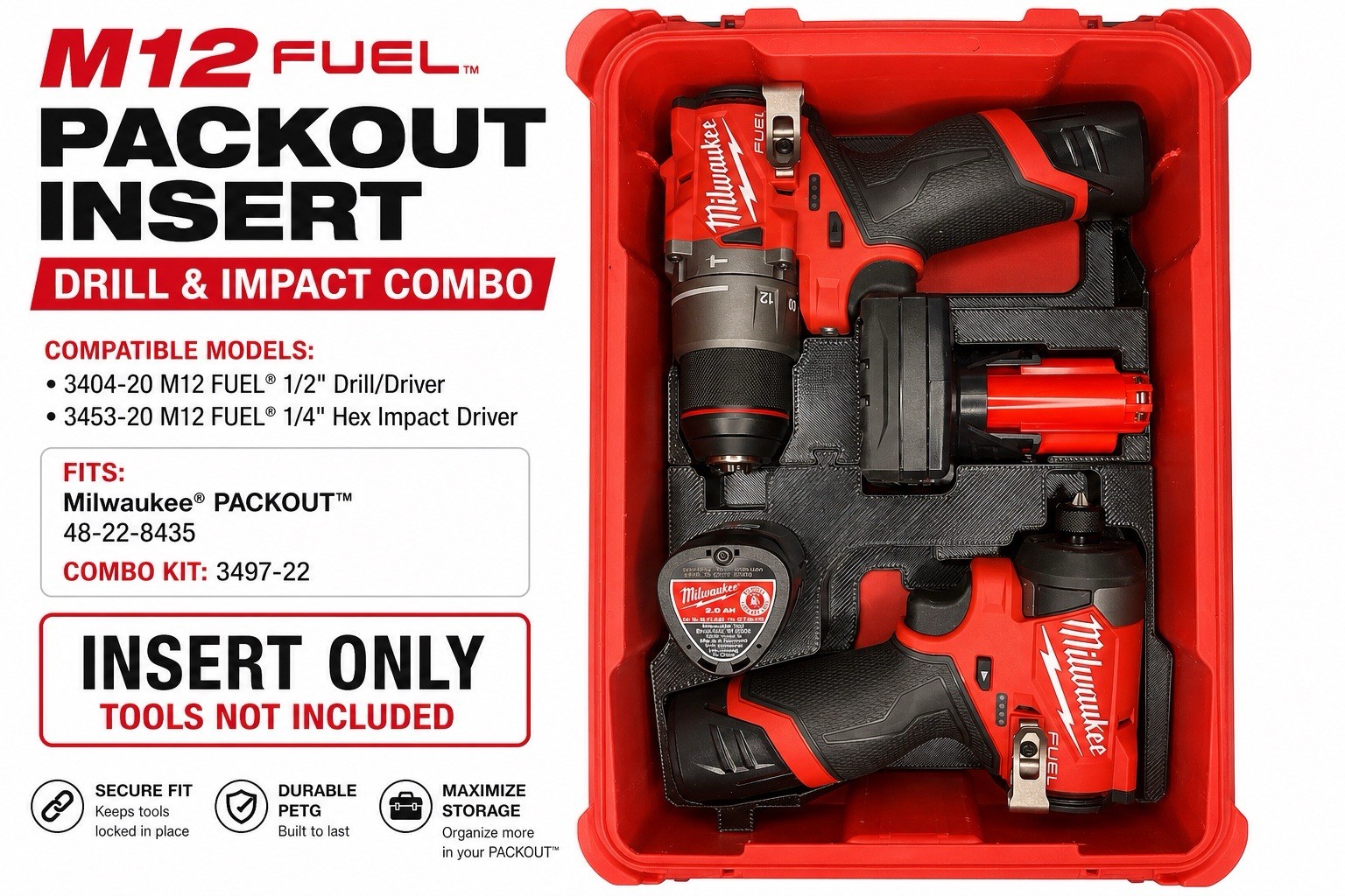 Milwaukee M12 Drill & Impact Organizer Insert for Packout Compact (3404 & 3453)