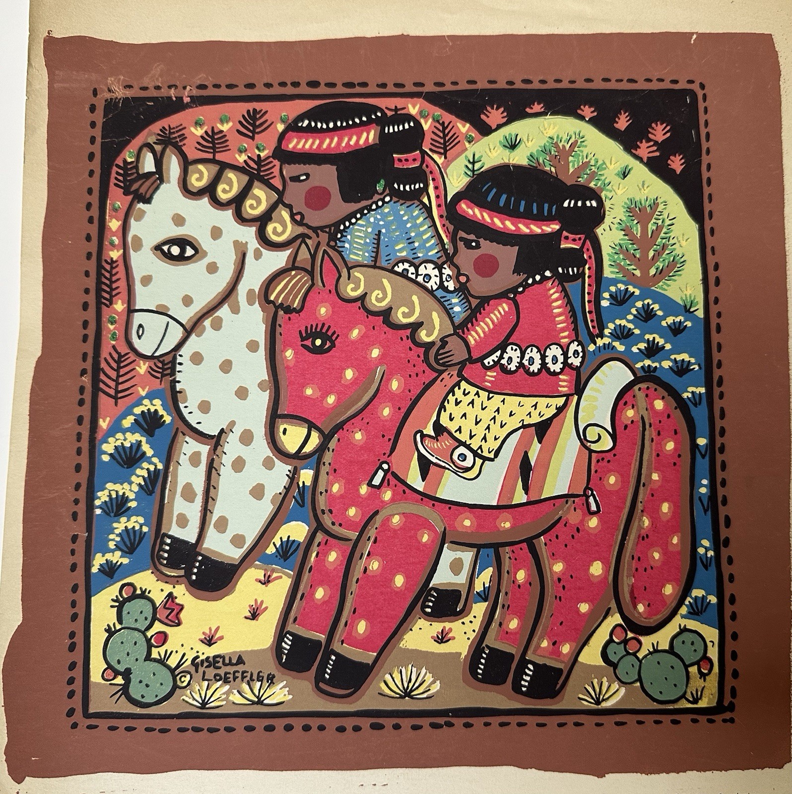 Vintage Tewa Gisella Loeffler Taos Native American Silkscreen Child Horse Print