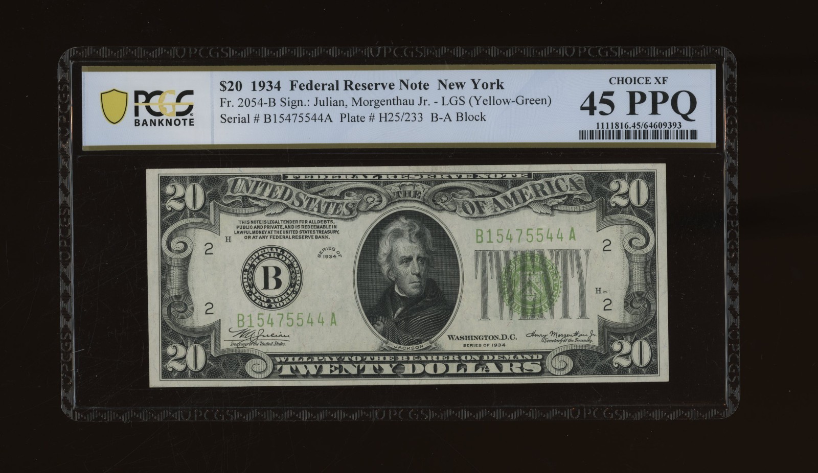 DBR 1934 $20 LGS FRN New York Fr. 2054-Blgs PCGS-B 45 PPQ Serial B15475544A