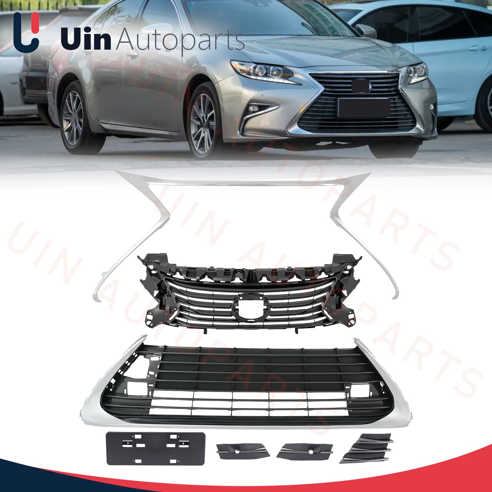 Front Black Grille W/ Chrome Molding Trim Set For 2016-2018 Lexus ES300H ES350 Front Black Grille W/ Chrome Molding Trim Set For 2016-2018 Lexus ES300H ES350