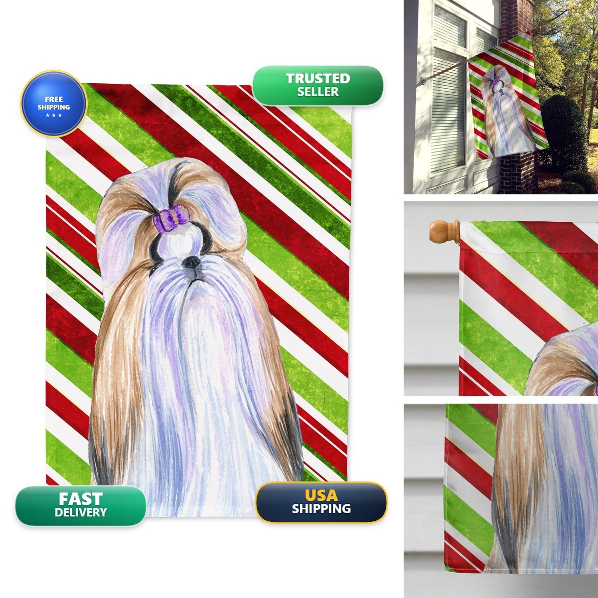 Caroline\'s Treasures SS4534CHF Shih Tzu Candy Cane Flag Large Multicolor
