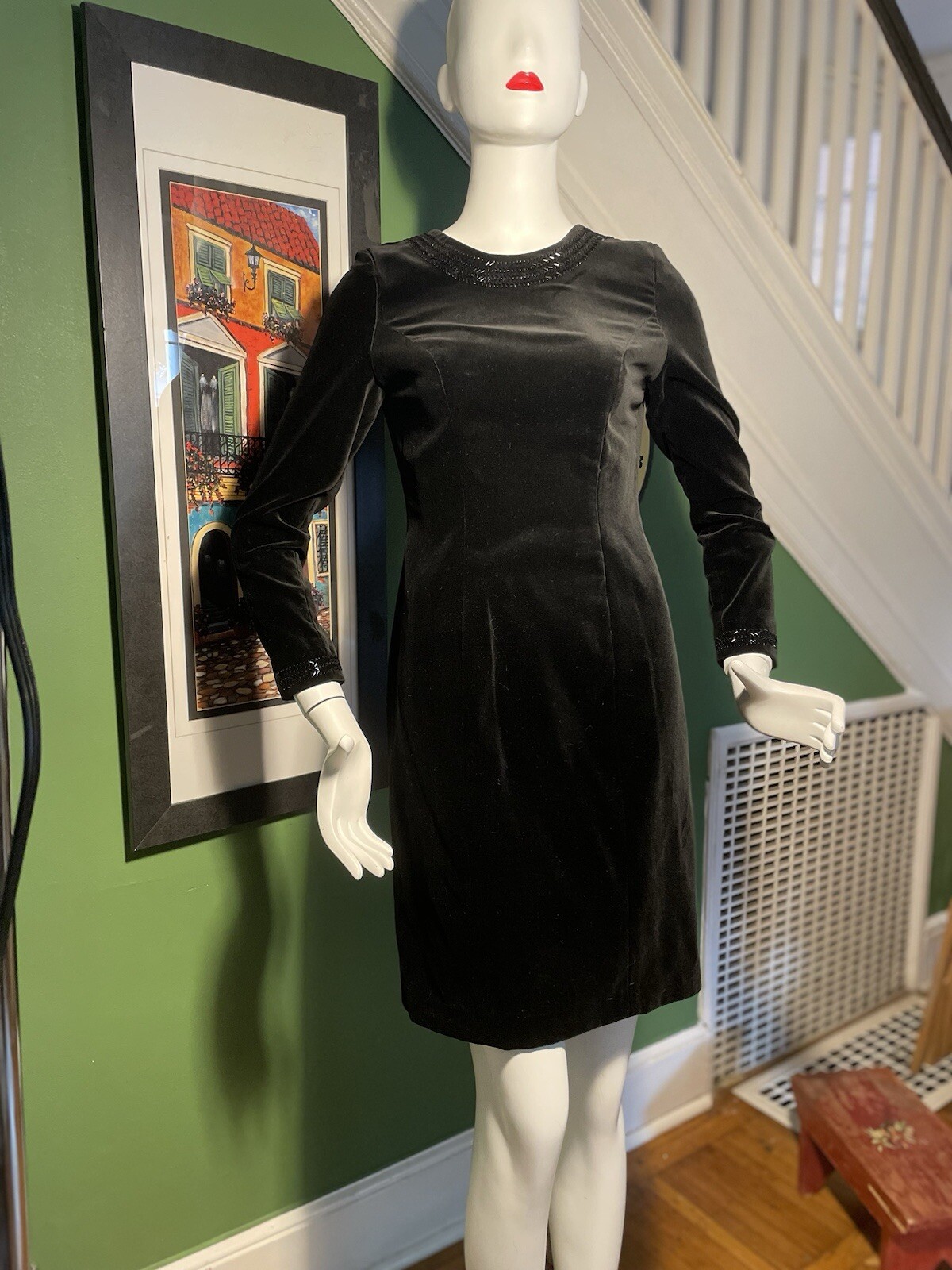 Vtg Laura Ashley Velvet Beaded Body Con L/S Mini Cocktail Party Dress 6 36/30