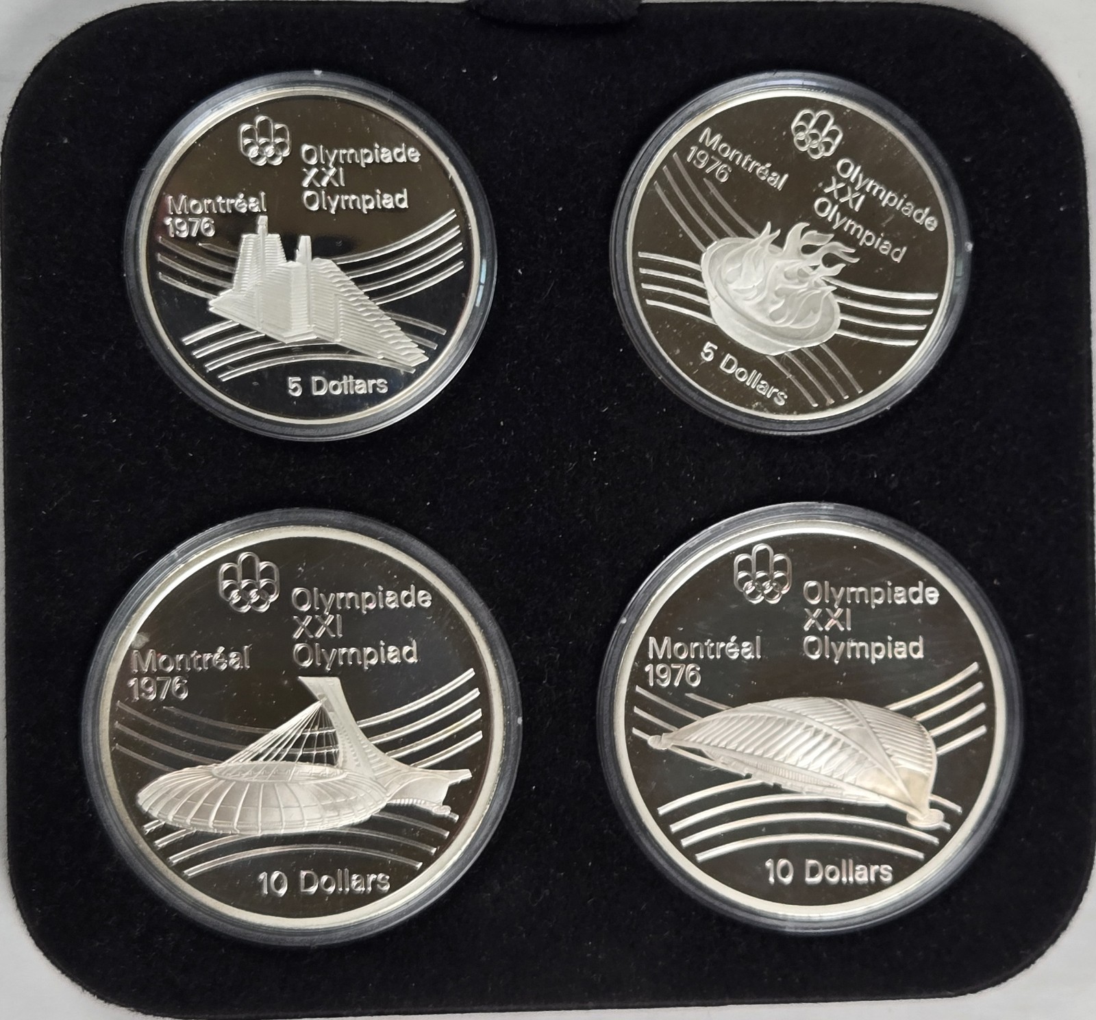 1976 Canada Olympic Four (4) Coin Proof Silver Set In Wood Case. 4.336 Oz ASW.
