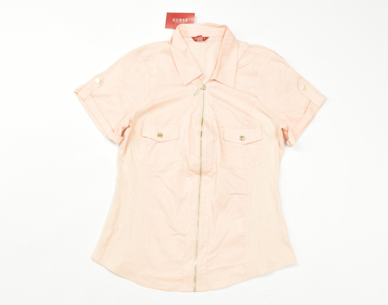 GUESS Women\'s Amaya Top Light Pink Short Sleeve Zip Front Shirt Size XL NWT GUESS Women\'s Amaya Top Light Pink Short Sleeve Zip Front Shirt Size XL NWT