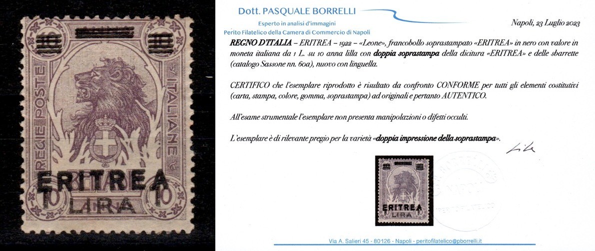 ERITREA 1922 - Leone L. 1 with DOUBLE MH Overprint with Certificate