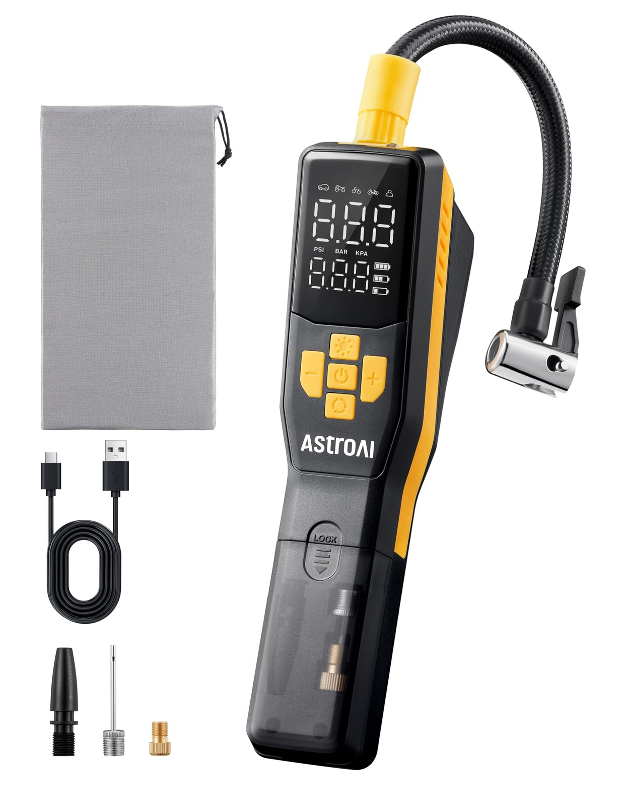 AstroAI 150PSI Electric Bike Pump with Gague, 30s Portable, Black and Yellow