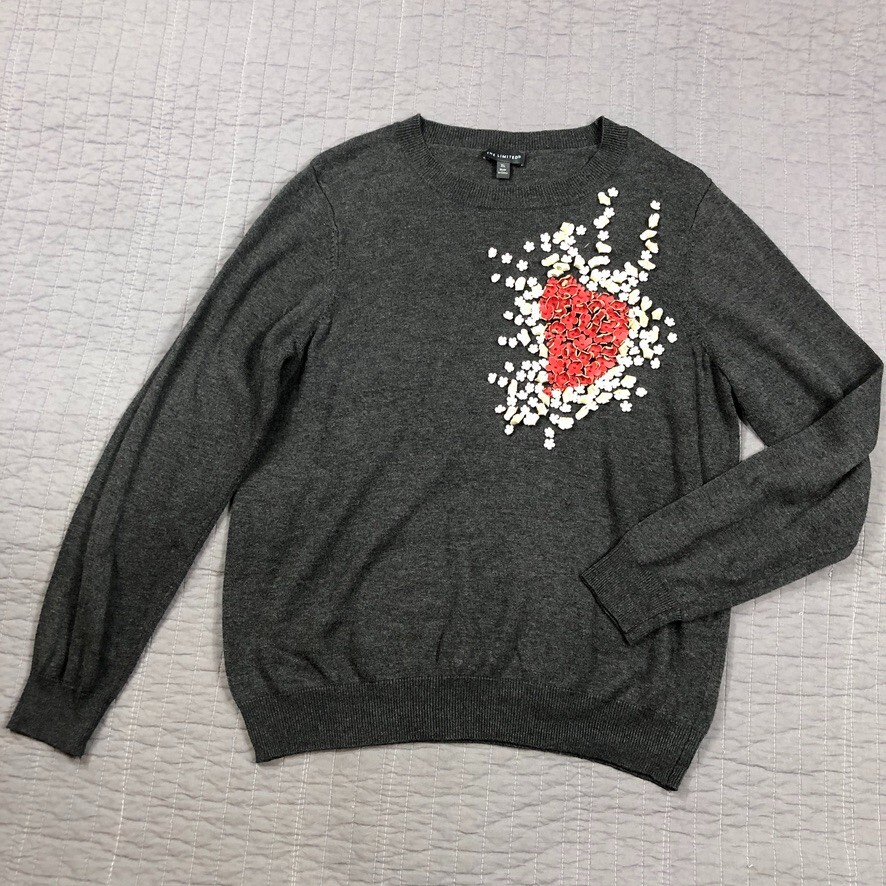 The Limited Sweater Women XL Gray Cashmere Blend Heart Floral 3D Embellished