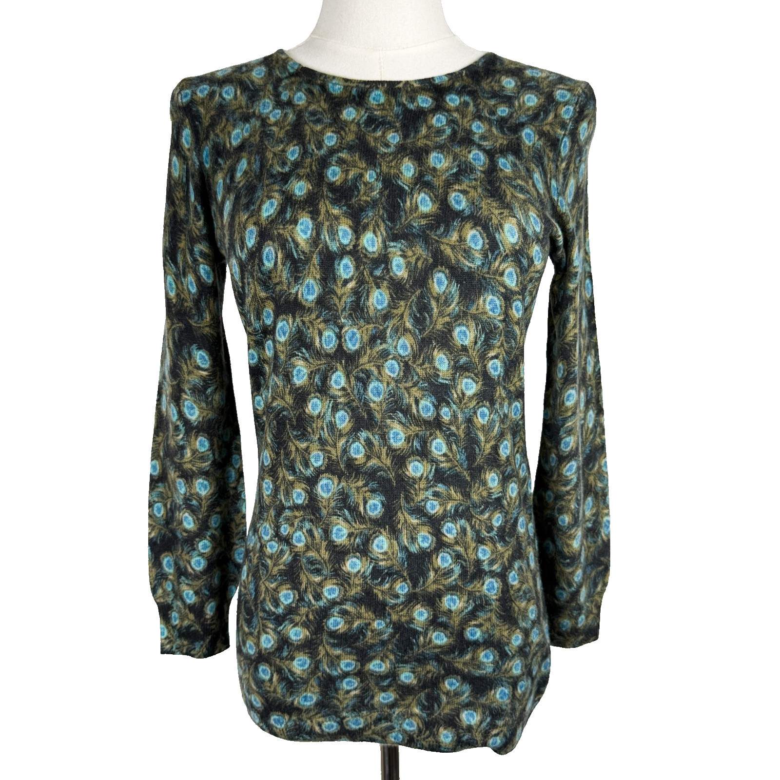 Talbots XS 100% Cashmere Sweater Crew Neck Peacock Feathers Green Blue RENEWED