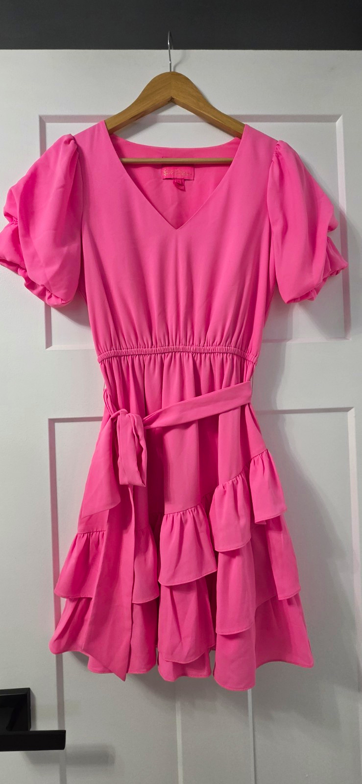 Lilly Pulitzer Pink Solid V-Neck Puff Sleeve Ruffle Belted Mini Dress Sz 0