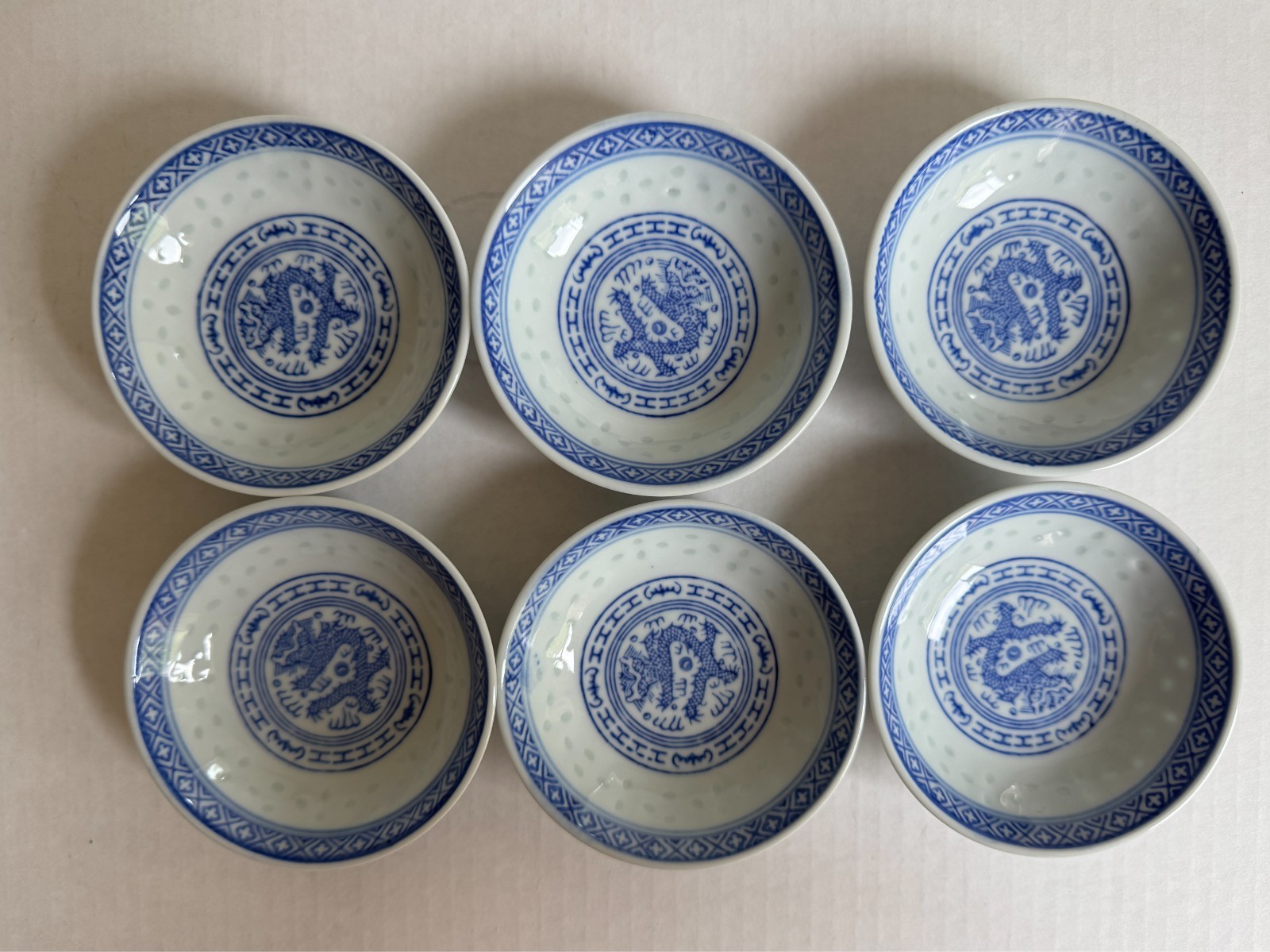 Chinese Blue and White Dragon Plates. Set of 6. Diameter 3  7/8