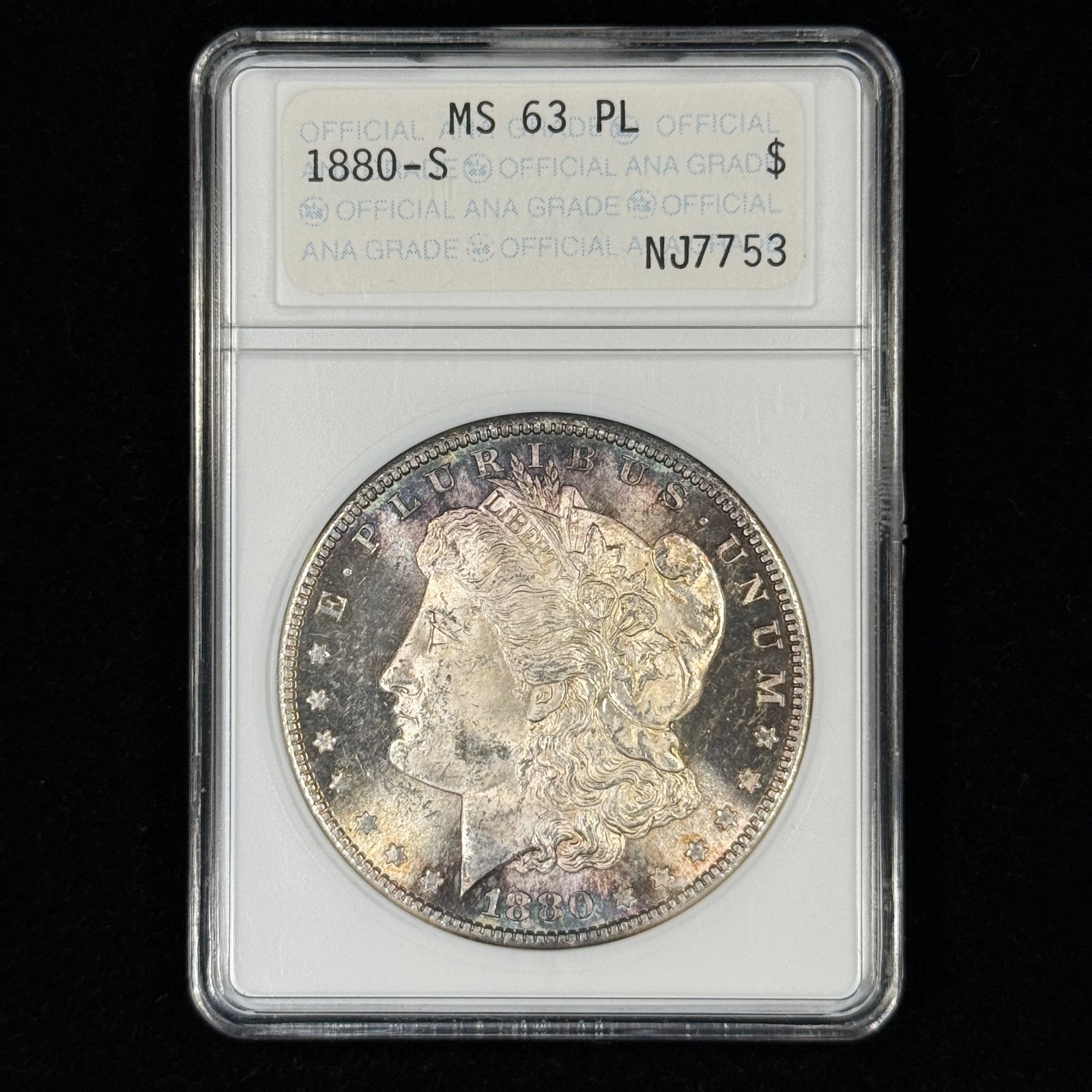 1880-S $1 MS63 PL ANACS OH Toned Morgan Dollar - Blue ANA Genie Lamp Soapbox