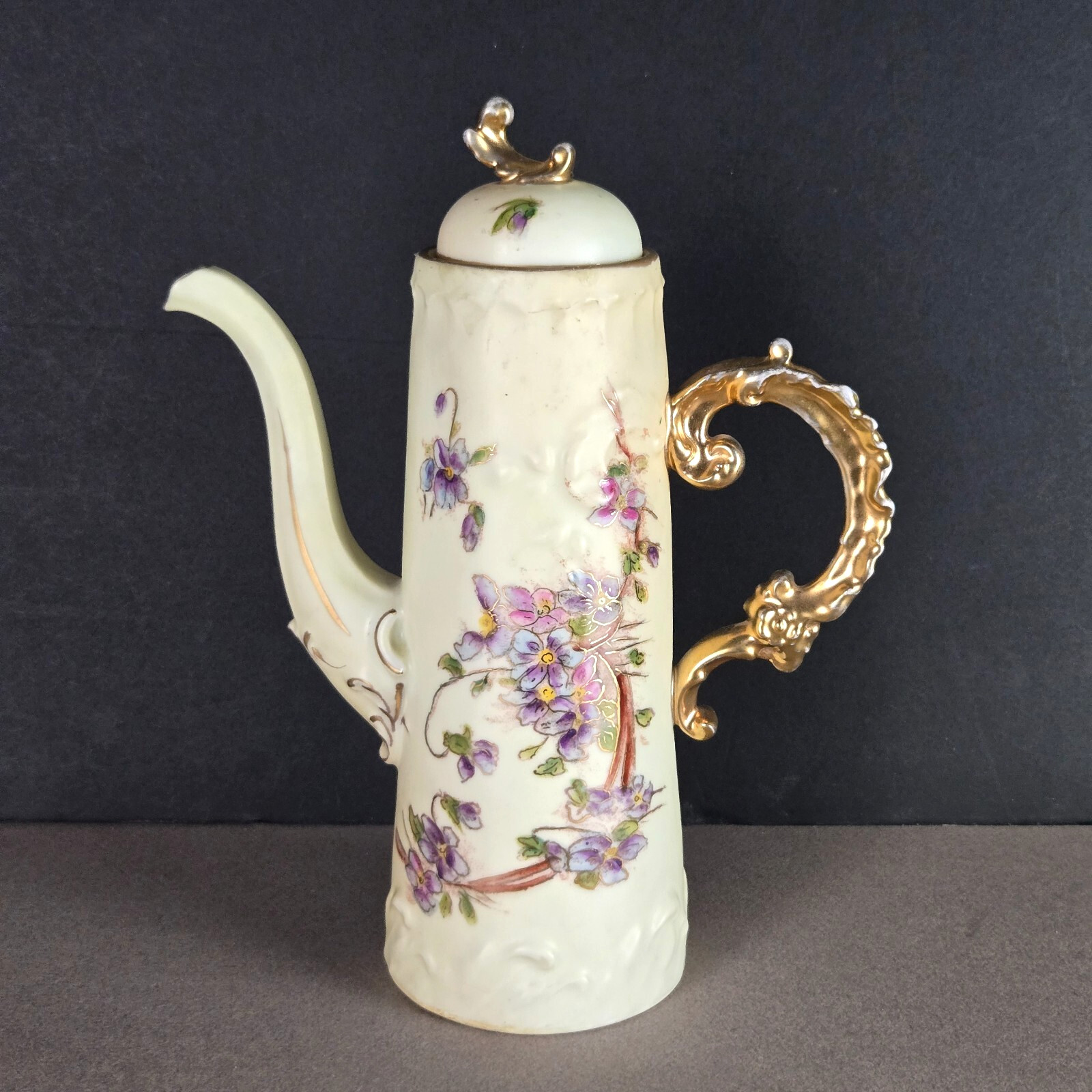 Antique 1904-1924 Royal Rudolstadt Tea Pot  9in Flower Cream Gold Handle