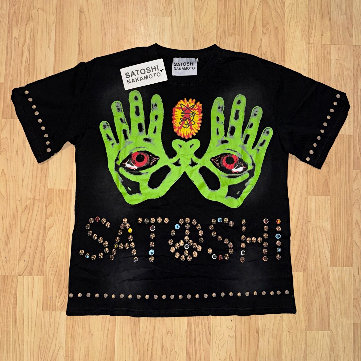 Satoshi Nakamoto Men\'s L Black Studded Graphic Print Crew Neck Tee Satoshi Nakamoto Men\'s L Black Studded Graphic Print Crew Neck Tee