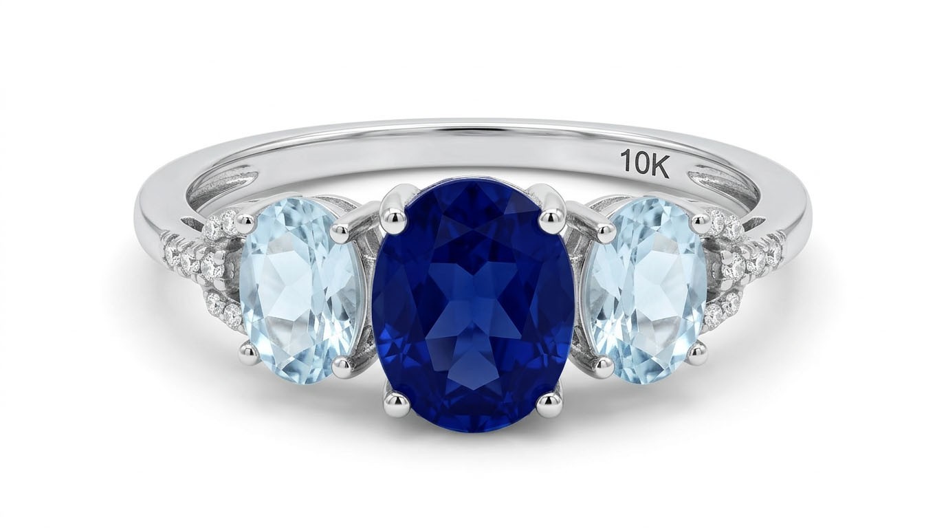 GENUINE BLUE SAPPHIRE , AQUAQMARINE & DIAMOND RING 10K SOLID WHITE GOLD -NWT