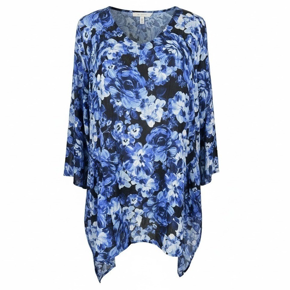 NEW Slim Factor by Investments 2X Blue Floral V Neck Tunic Top Women\'s
