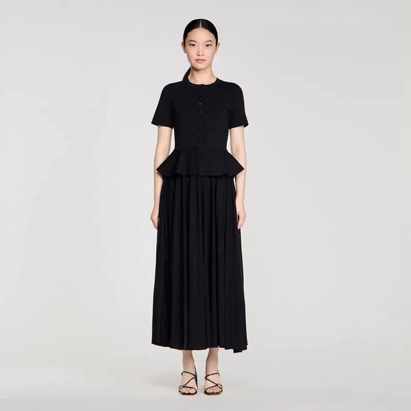 🎁AUTHENTIC Sandro Women Round Neck Two Fakes Pleated Knitted Evening Dress SML