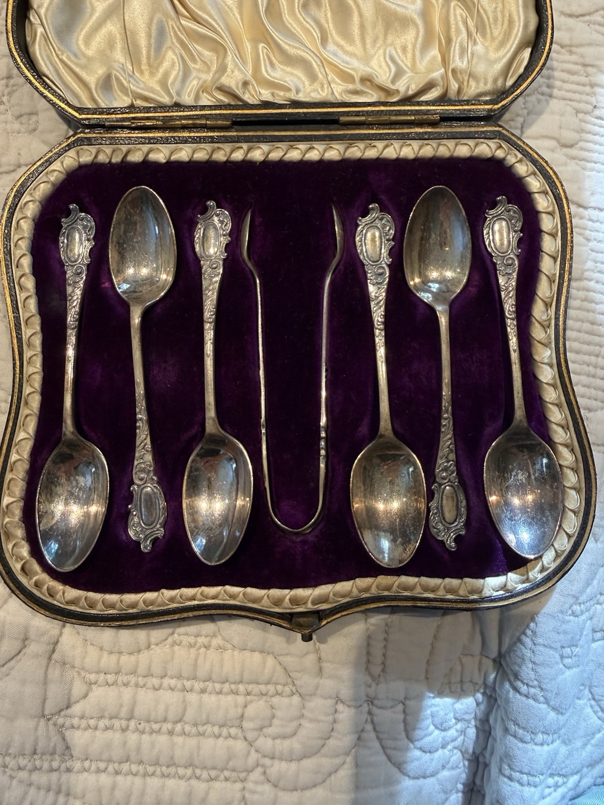 Antique 1919 English Sterling Silver Teaspoons Sugar Tongs Cased Set Birmingham