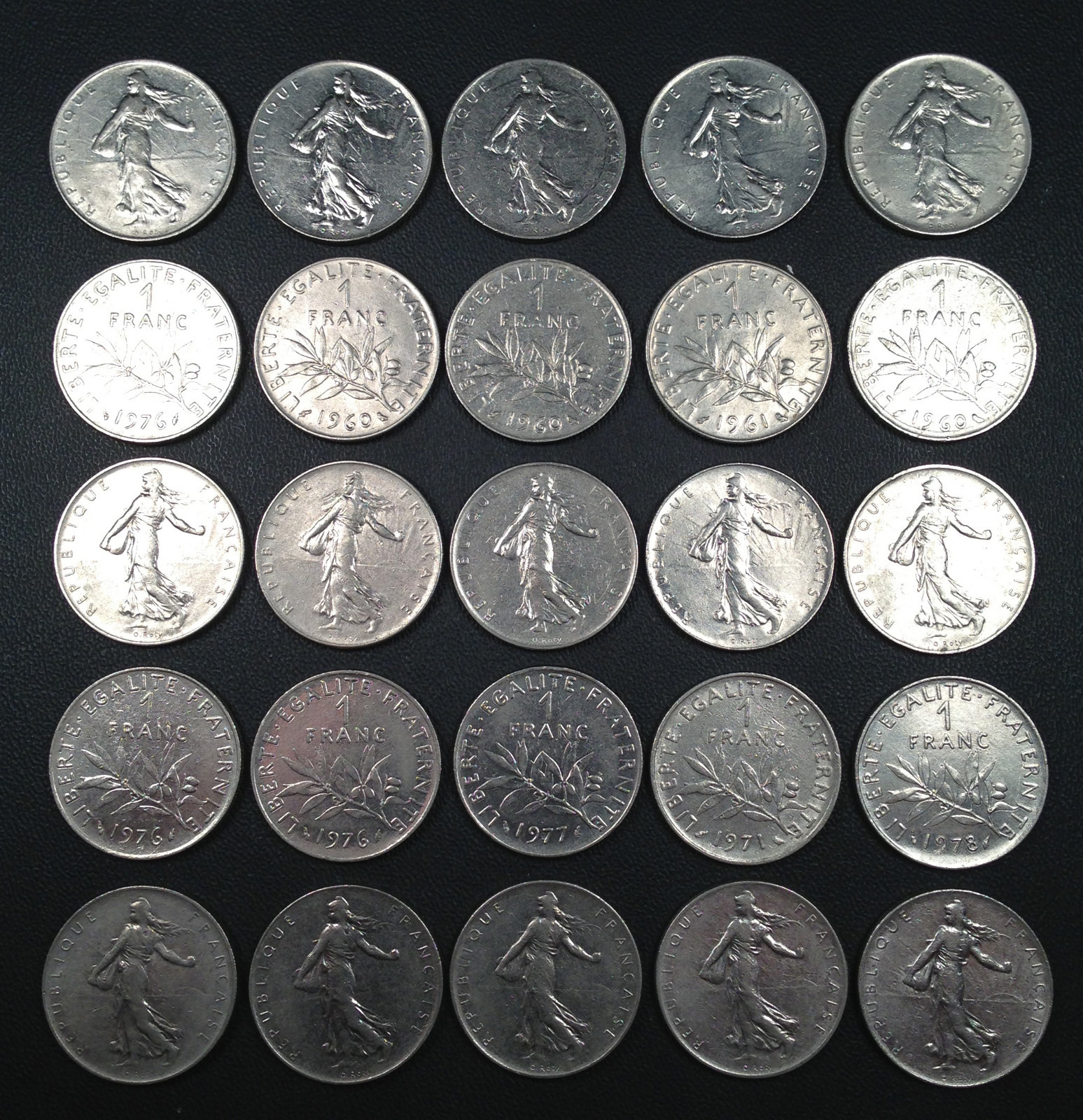 France Coin Lot - 25 One Franc Coins - PURE NICKEL France Coin Lot - 25 One Franc Coins - PURE NICKEL