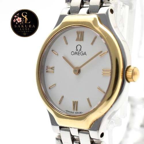 【NEAR MINT 】OMEGA De Ville Symbol Ladies Quartz Two Tone Gold Bezel White Dial