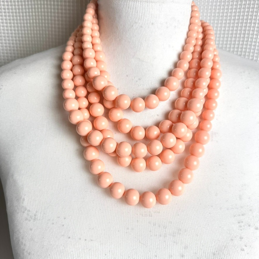 Vintage Multi Strand Blush Pink Bead Necklace Graduated Chunky Statement 19\