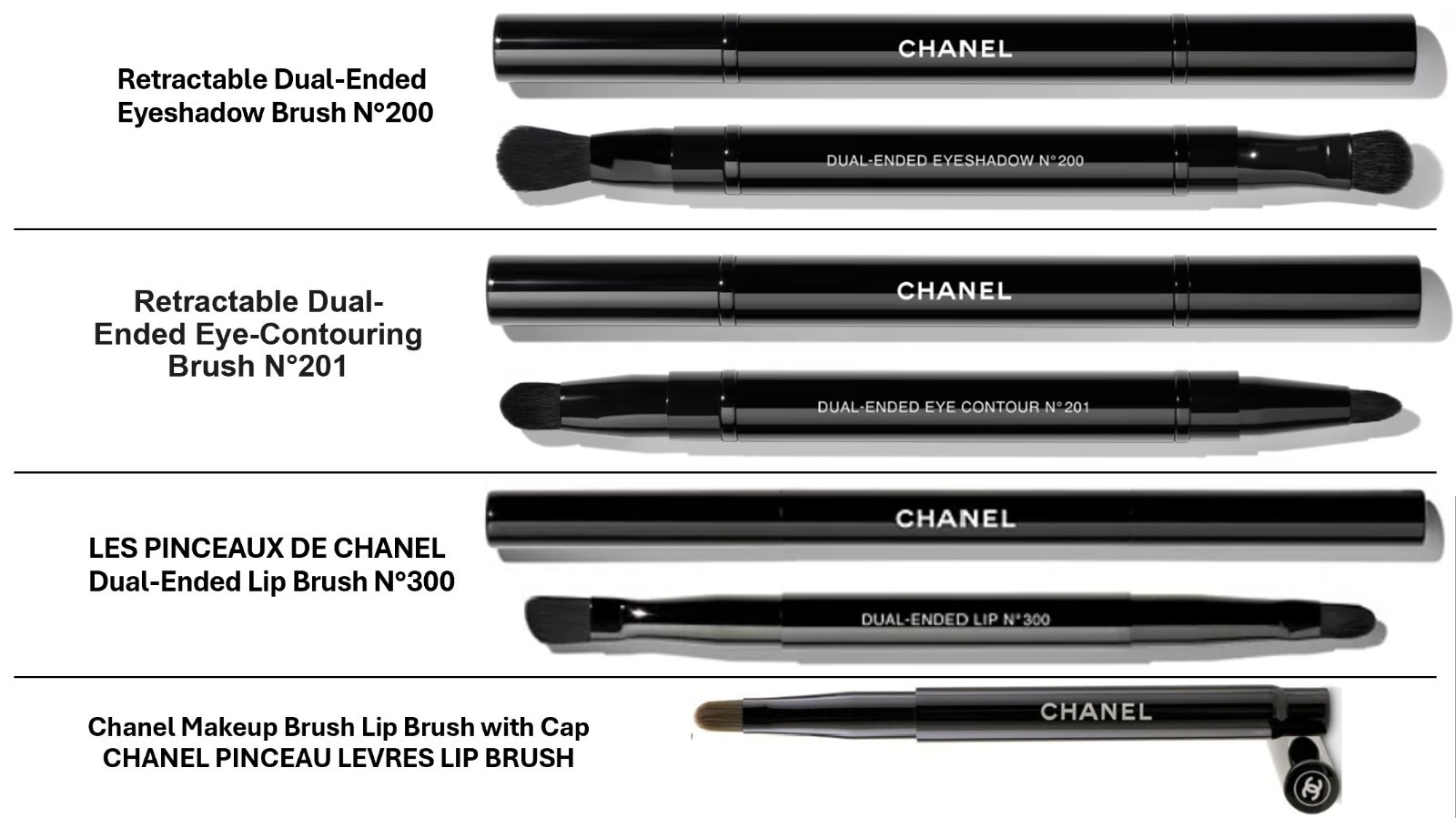 Chanel 4pcs Professional Makeup Brush Set –Dual-Ended Eye & Lip Brushes with cap Chanel 4pcs Professional Makeup Brush Set –Dual-Ended Eye & Lip Brushes with cap