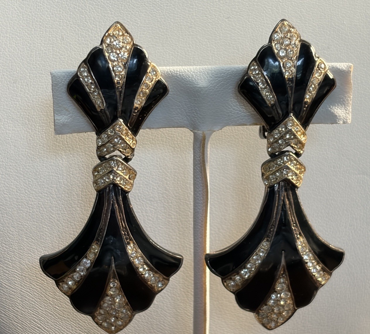 Vintage Bijoux Designs New York Black Enamel Rhinestone Clip Earrings Statement