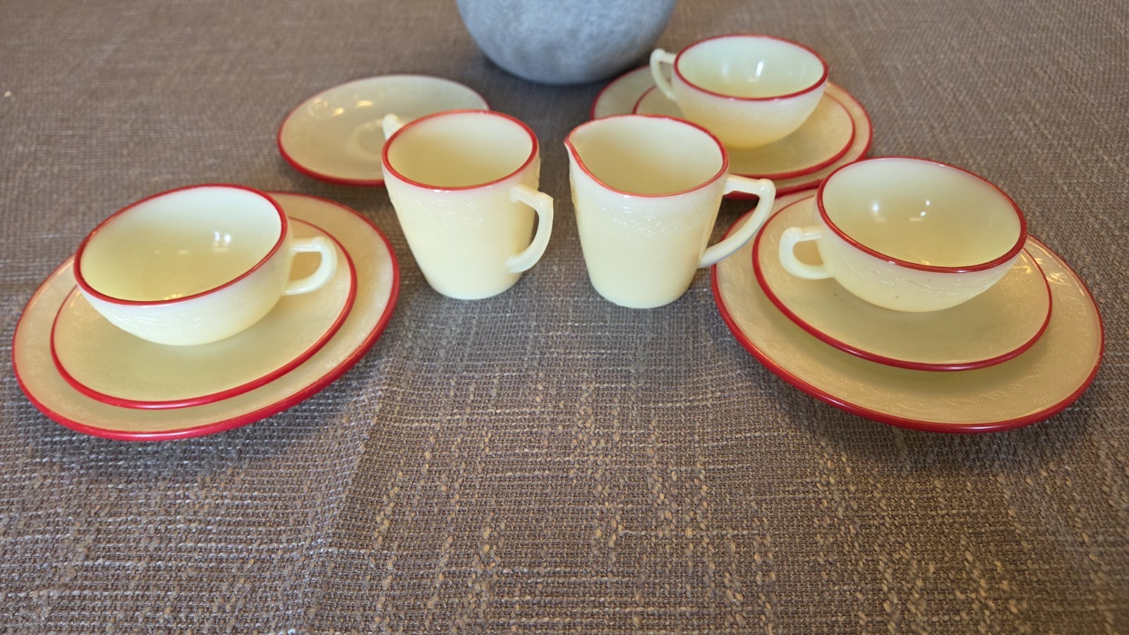 Vintage McKee French Ivory Glass 12 Pc Tea Set: Cup & Saucer Set, Depression Era Vintage McKee French Ivory Glass 12 Pc Tea Set: Cup & Saucer Set, Depression Era