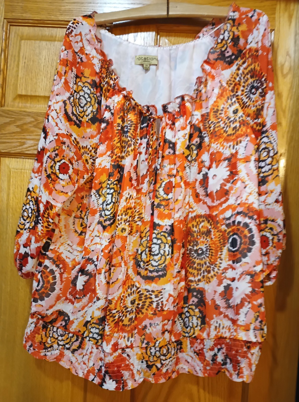  Notations 2X Peasant Blouse Orange White Black Floral Medallion Boho Tie Neck