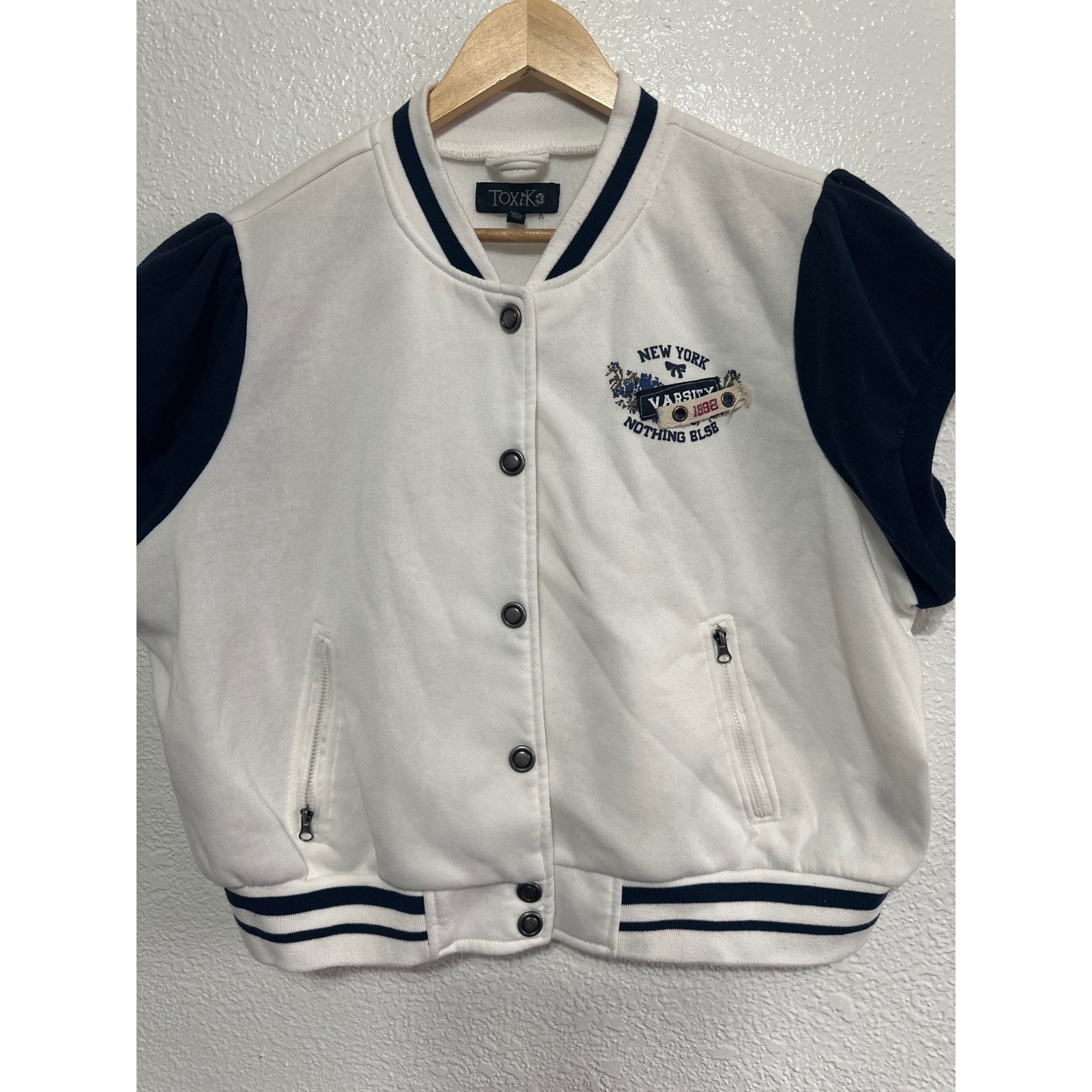 VTG TOXIK3 White Varsity Jacket 3X New York 1992 Embroidered Short Sleeve Bomber