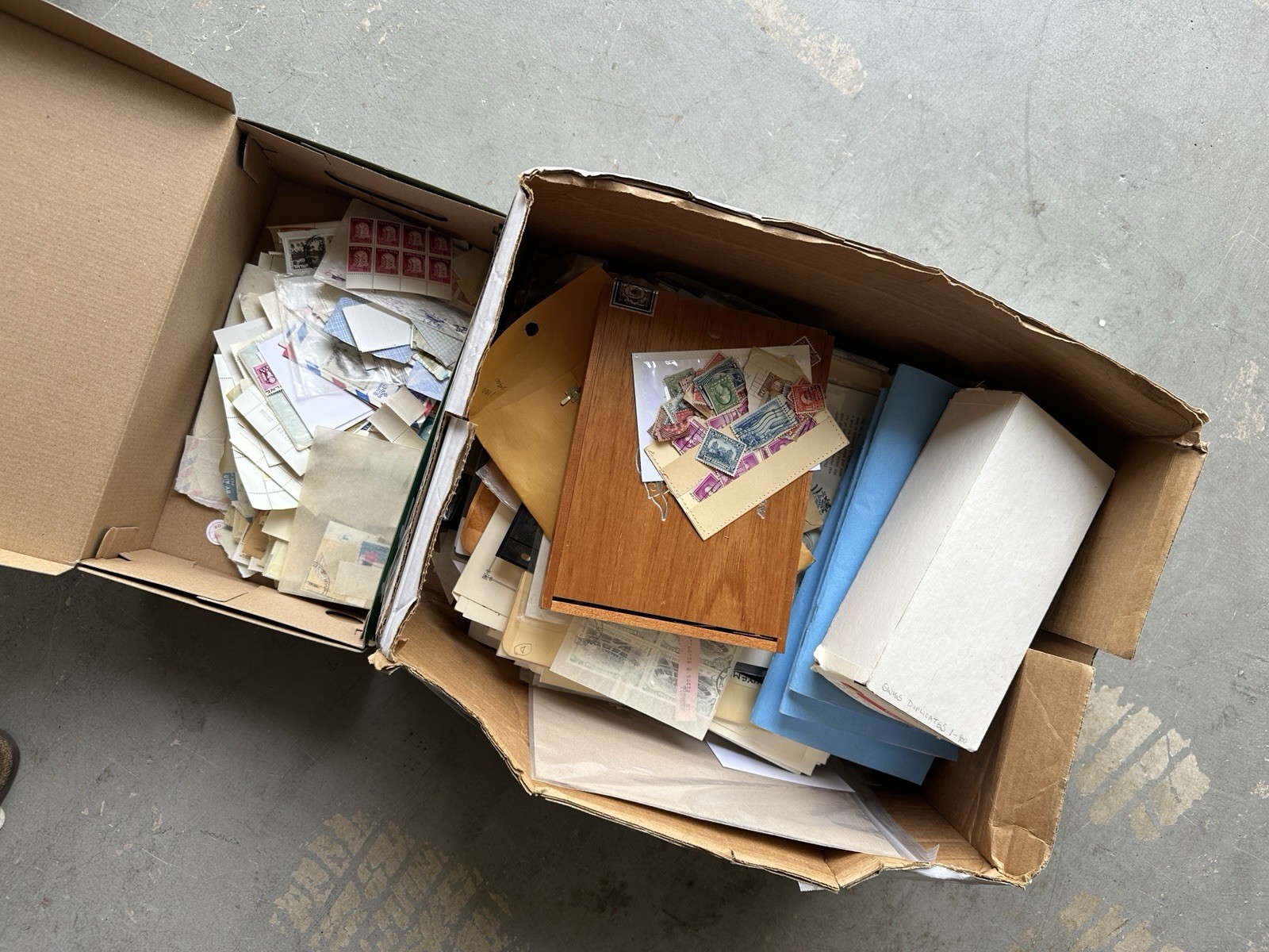 Vintage Worldwide Mixed Stamp Lot in Box - Loose Stamps, Pages, Off Paper