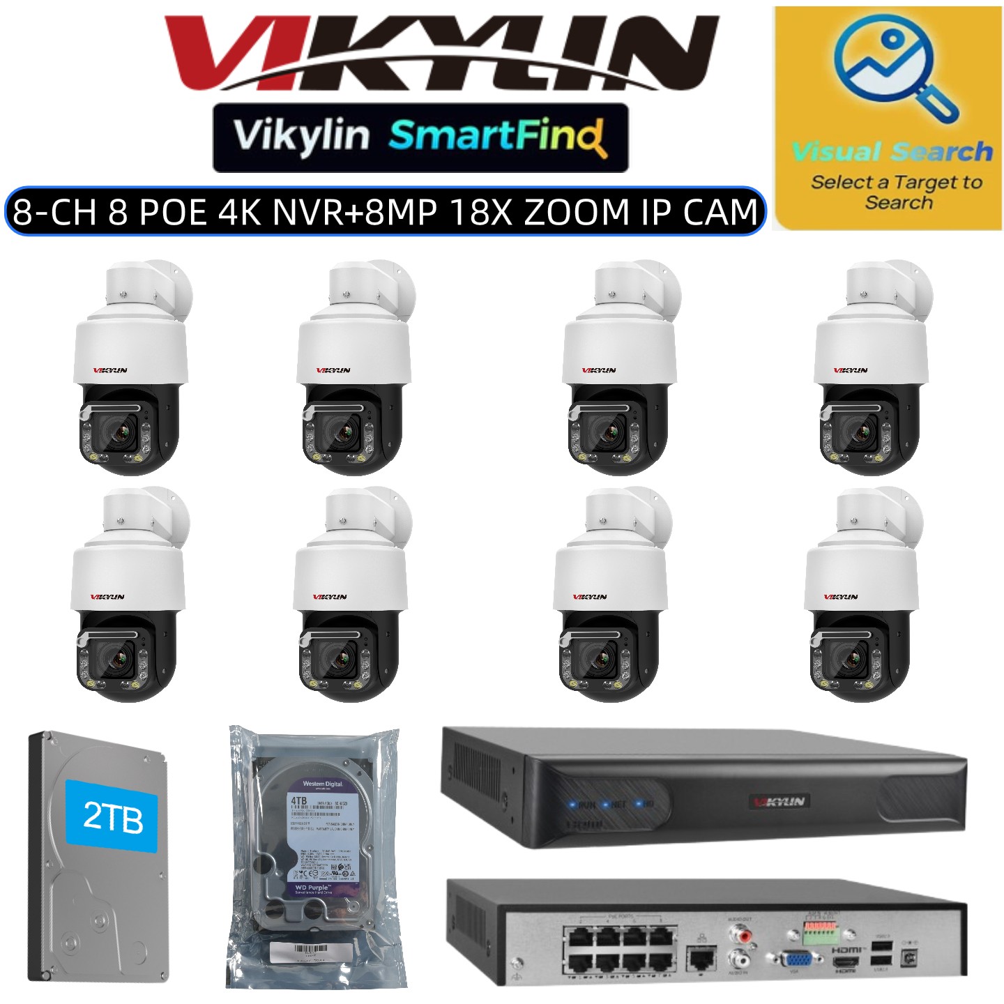 Vikylin SmartFind 8POE 8CH NVR Set 8MP PoE PTZ IP Camera 18X Zoom Home Kit Lot