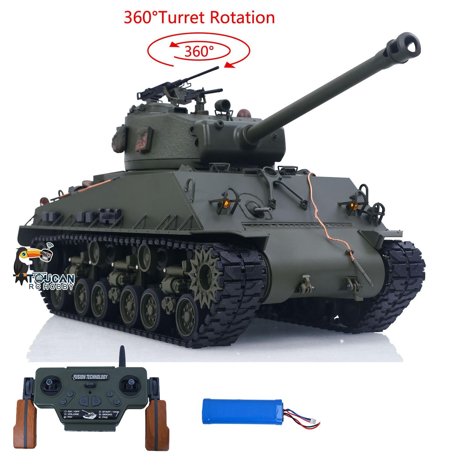 1/16 RC Tank Sherman M4A3 E8 Fury Barrel IR BB Shooting Smoke 360°Rotate Turret