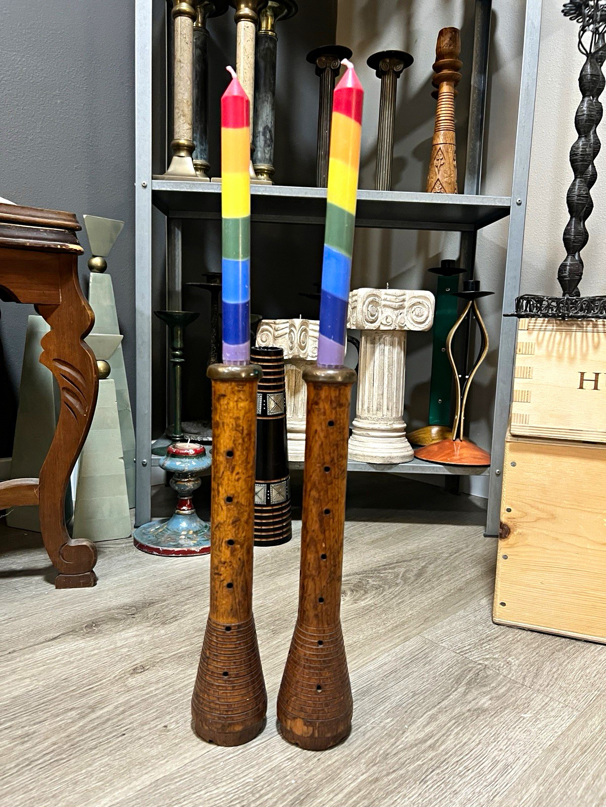 VTG Hand Carved MCM Wooden flute style Candle Holders 12\ VTG Hand Carved MCM Wooden flute style Candle Holders 12\