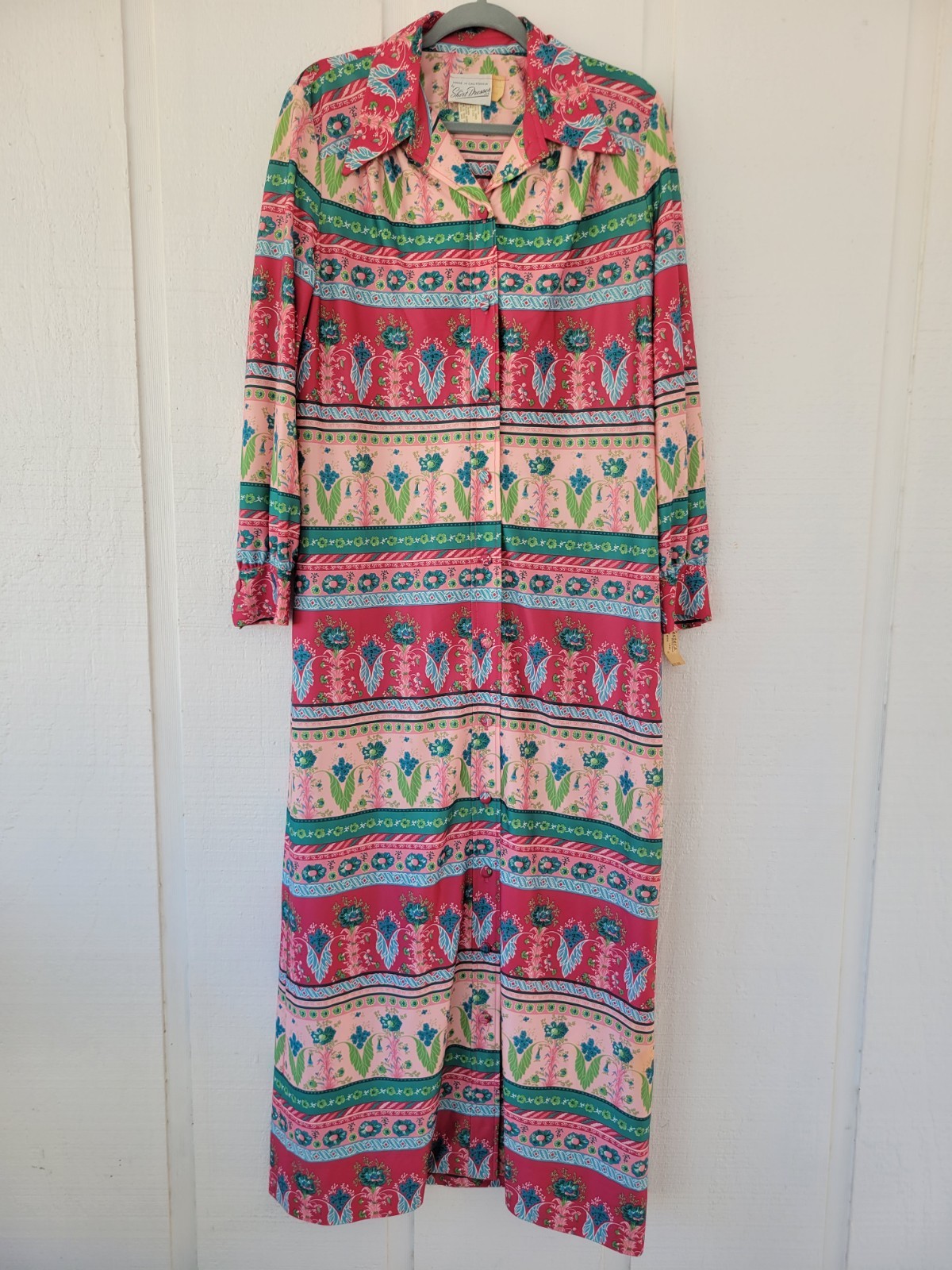 Vintage 70s Boho Floral Maxi Shirtdress Deadstock NOS Belted Size 16 Festival