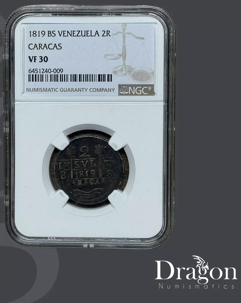 1819 VENEZUELA 2 REALES CARACAS ANTIQUE SILVER COIN NGC VF 30 BEST SELLER