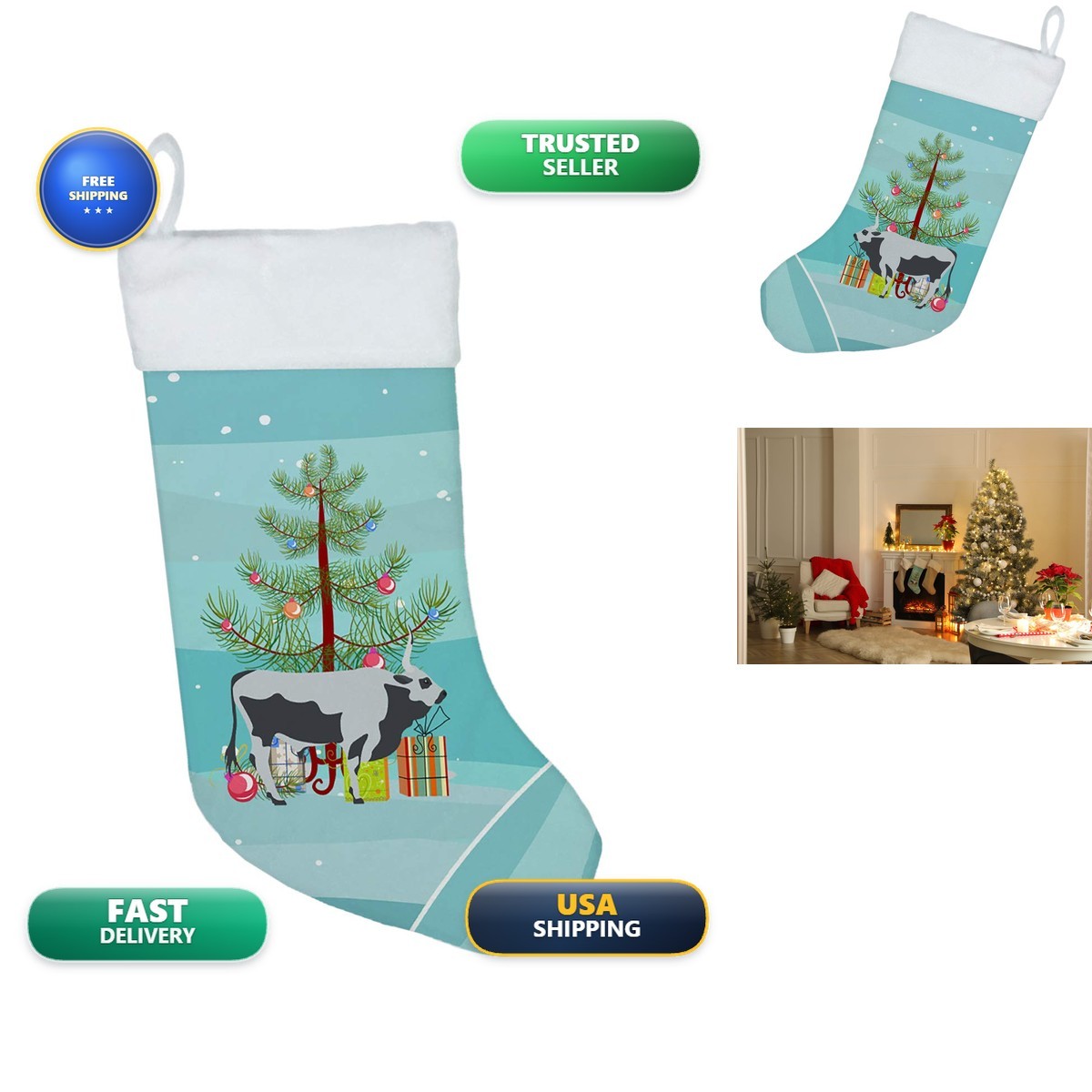 Caroline\'s Treasures BB9191CS Hungarian Grey Steppe Cow Christmas Stocking, Teal