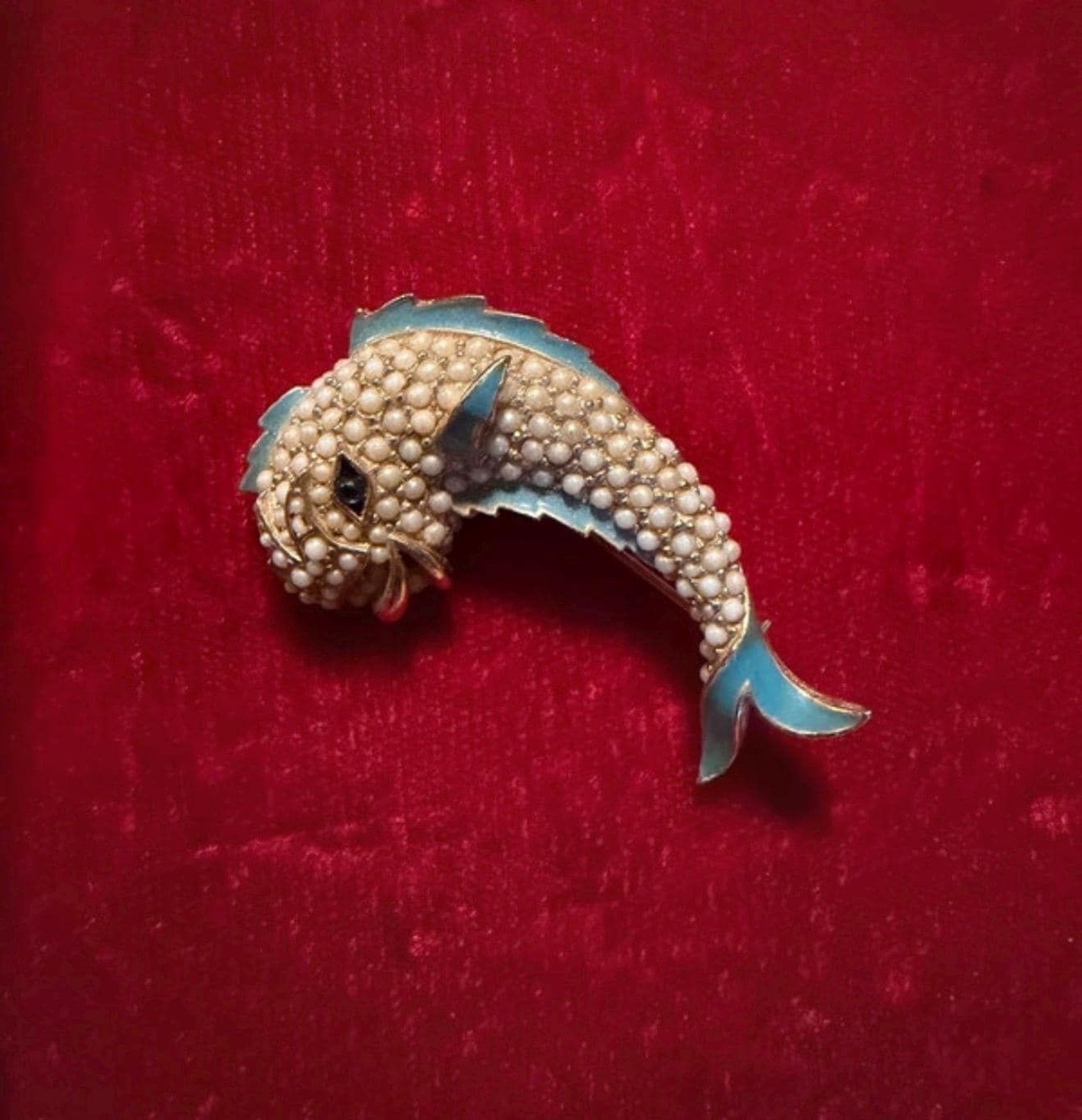 Authentic Vintage Signed CINER Pearl And Enamel Koi Fish Brooch