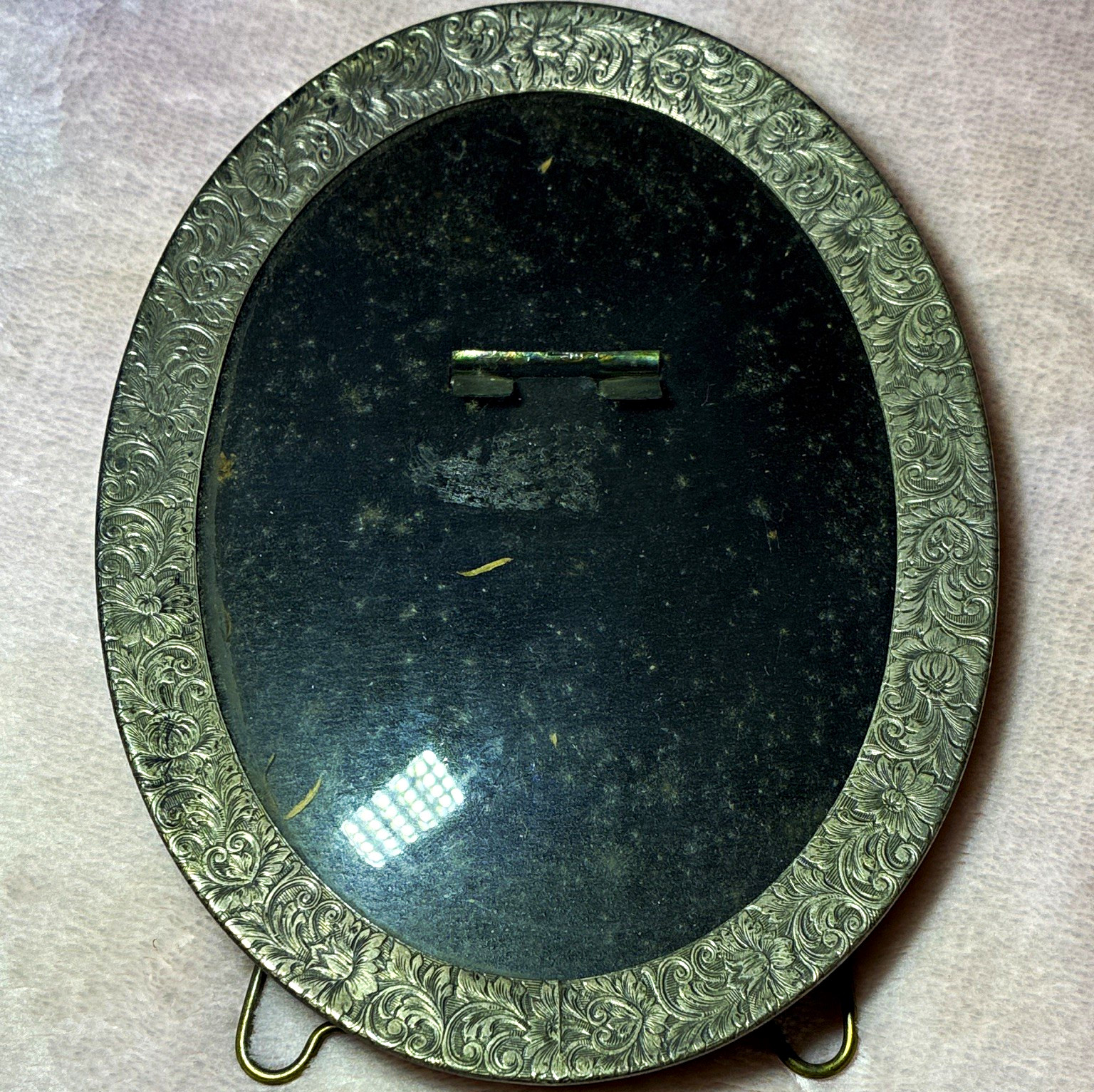 Antique Edwardian Oval Picture Frame Ornate Embossed Floral Metal Easel Back 