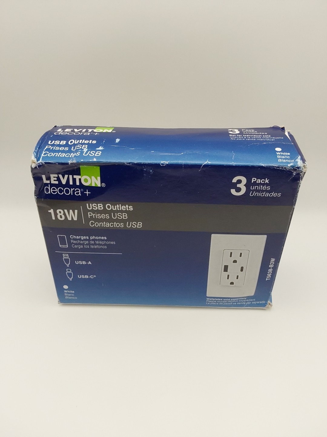 LEVITON T5638-B3W Tamper-Resistant 18W USB-A & USB-C Duplex OUTLETS 3 Pack D3 LEVITON T5638-B3W Tamper-Resistant 18W USB-A & USB-C Duplex OUTLETS 3 Pack D3