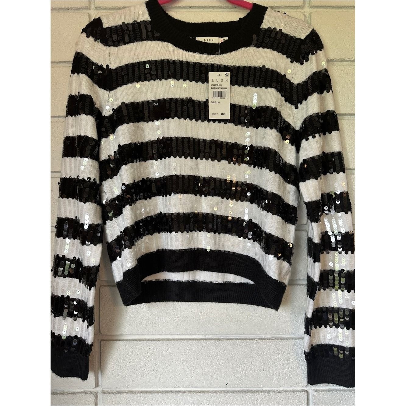 Lush Black White Sequin Striped Crewneck Sweater LT22013-003 Womens Medium Lush Black White Sequin Striped Crewneck Sweater LT22013-003 Womens Medium