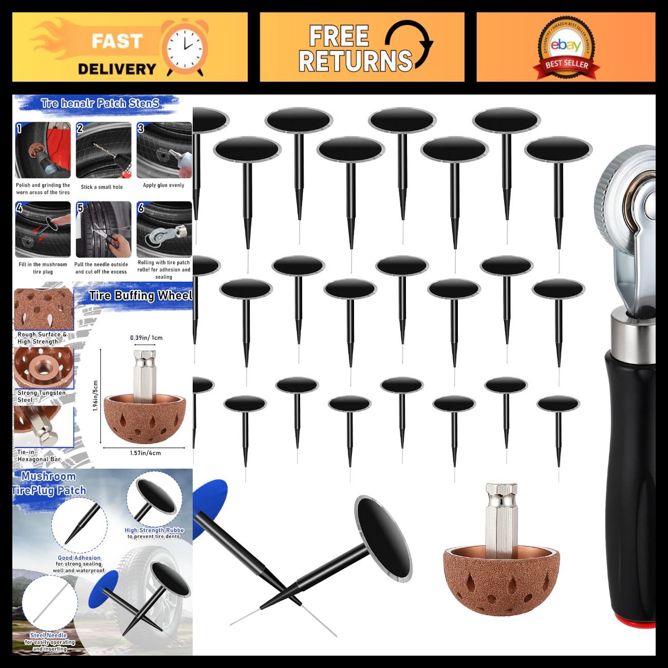 26Pcs Tire Repair Kit - 24 Tire Patch Plugs, Buffing Wheel, Roller & Drill Bits 26Pcs Tire Repair Kit - 24 Tire Patch Plugs, Buffing Wheel, Roller & Drill Bits