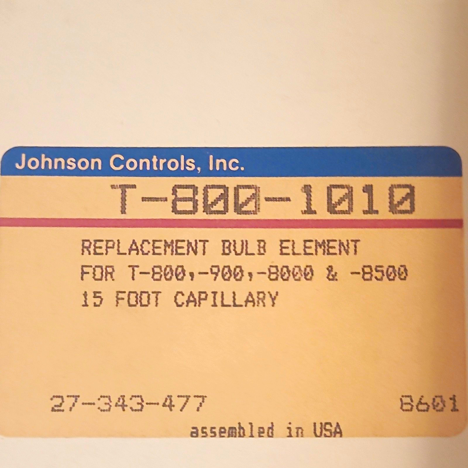 Johnson Controls Replacement Bulb Element 15ft Capillary Copper T-800-1010 Johnson Controls Replacement Bulb Element 15ft Capillary Copper T-800-1010