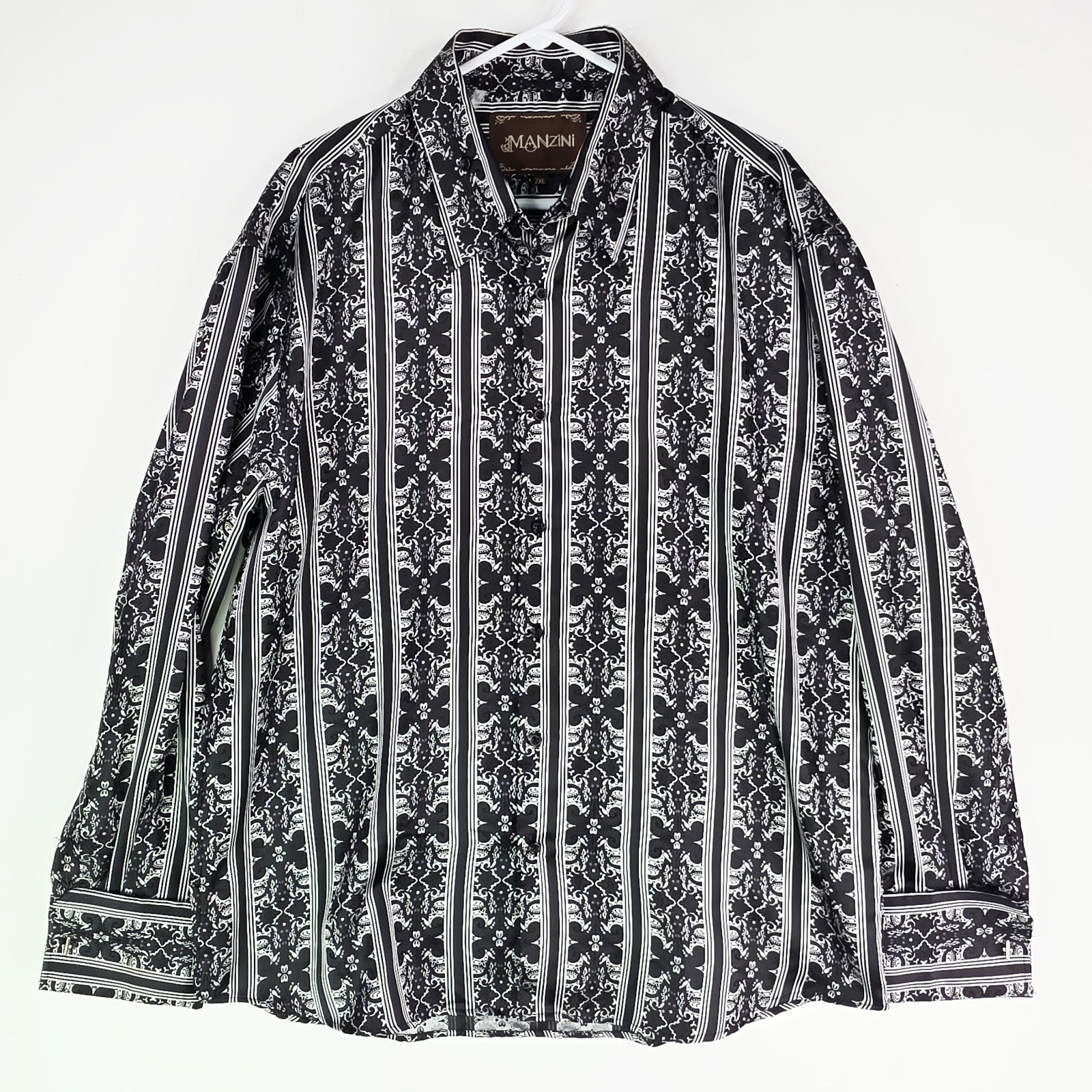 Manzini Men 2XL Gray Black Geometric French Cuff Dress Shirt Button Long Sleeve